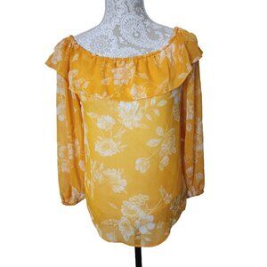 Willow Drive Ruffle Top Boho Lined Gold Floral 3/4 Sleeve Womens NWT XS